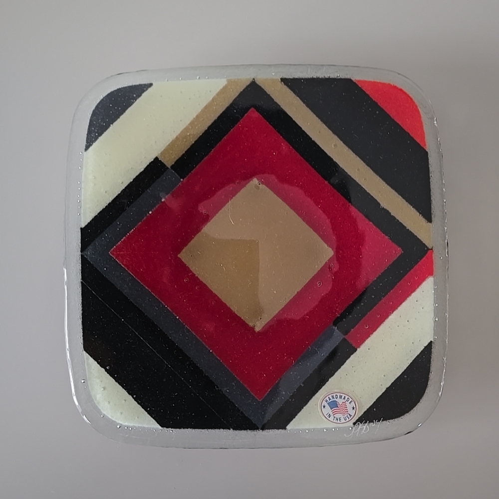 Peggy Karr Fused Art Glass Red Argyle 8" Square Plate 2004 NIB